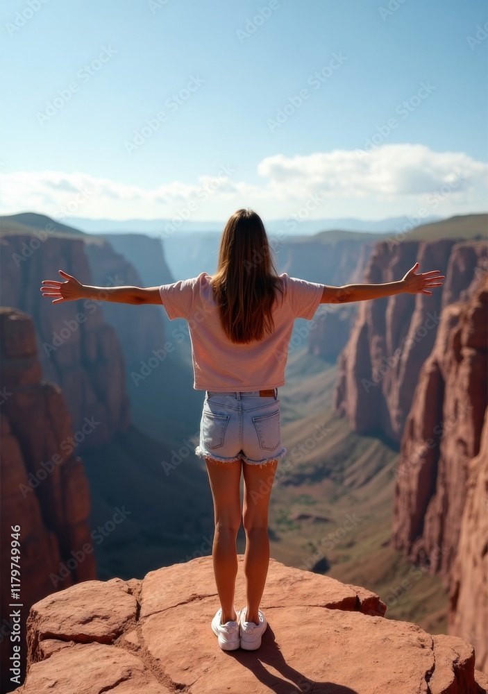 Obraz premium Woman enjoys breathtaking view at canyon rim under clear blue sky