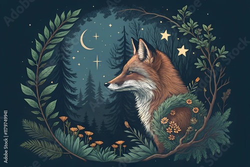 A fox with a wreath of coniferous forest plants. Dreamy magic art. Night, nature, wicca symbol. Isolated vector illustration. Great outdoors, tattoo and t-shirt design. photo