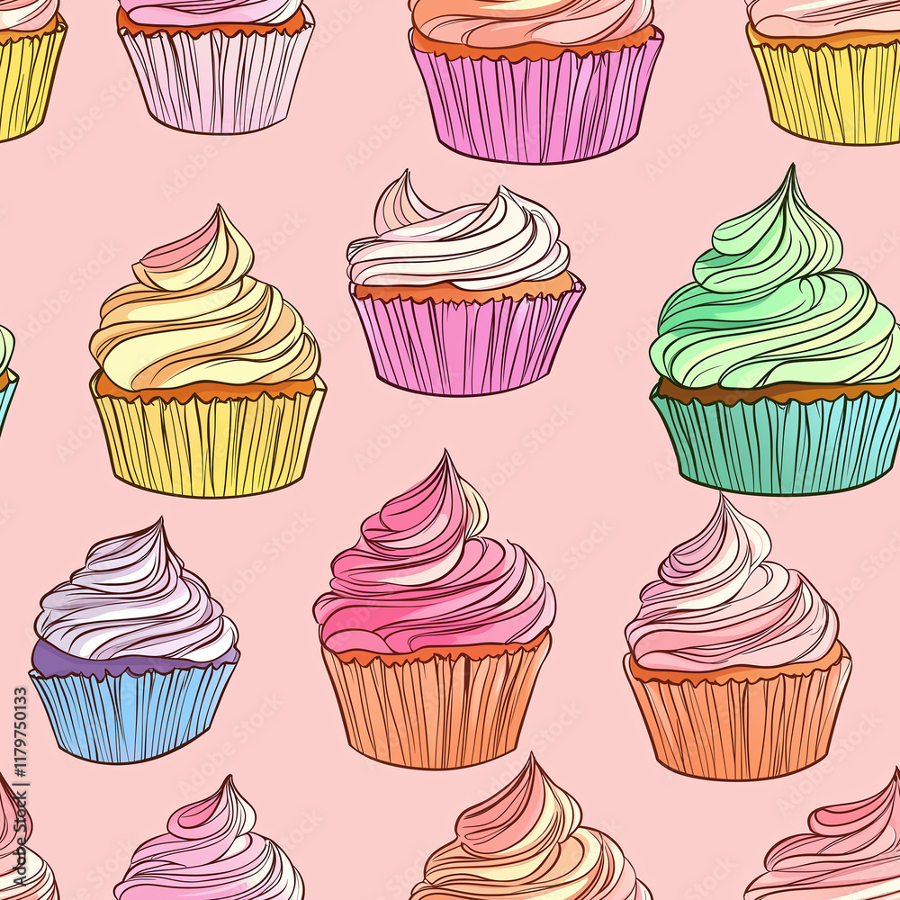 Delicious cartoon food icons seamless pattern design whimsical cupcake theme vibrant colors kitchen decor minimalist style Delicious cartoon food icons seamless pattern design whimsical cupcake theme vibrant colors kitchen decor minimalist style