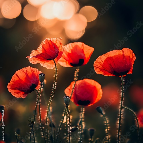 Golden hour casting magic on vibrant red poppies