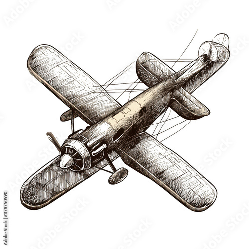Retro Banner Old Flying Machine: A retro-styled banner featuring an old flying machine, drawn in a scratchboard illustration style. Transparent background.