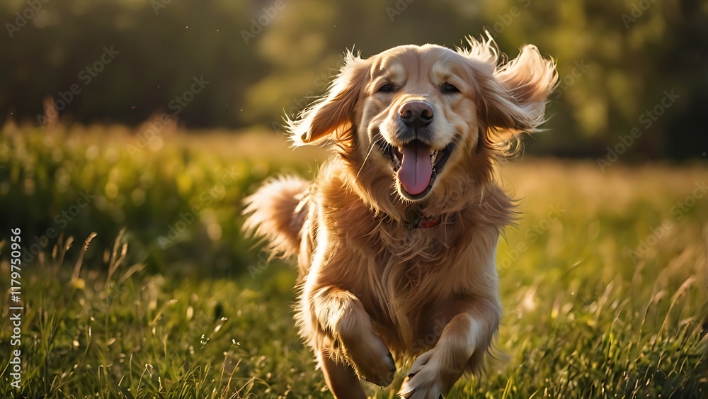 Happy Golden Retriever Running Through a Field at Sunset Happy Golden Retriever Running Through a Field at Sunset