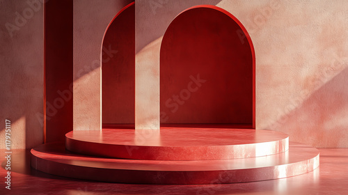 Fototapeta Naklejka Na Ścianę i Meble -  3d abstract red studio room for product display. Empty scene with floor and wall for luxury presentation. Geometric round interior design template for showcase event. Realistic perspective backdrop