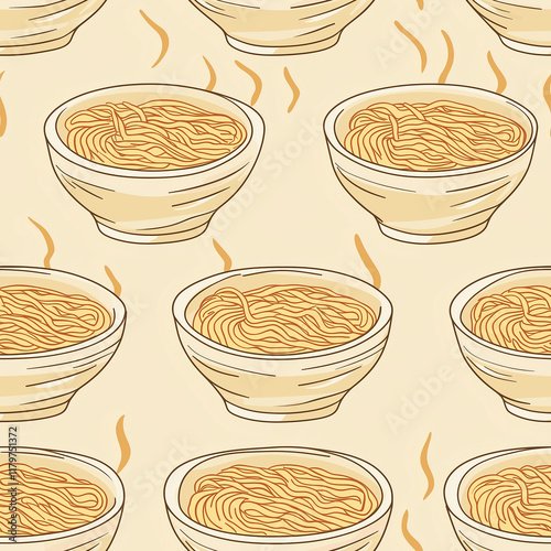 Delicious seamless pattern of cartoon food icons featuring noodles kitchen digital artwork minimalist design for culinary enthusiasts photo