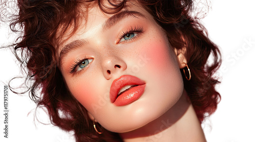Beautiful Young Woman with Curly Hair, Freckles, and Bright Lipstick Posing with Glamorous Makeup and Soft Lighting