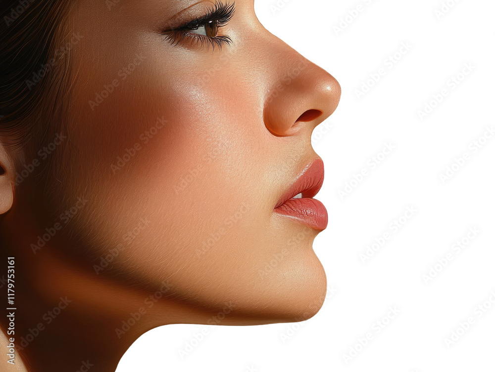 Side profile portrait of a young woman with soft skin and natural makeup showcasing elegance and beauty in a minimalistic style Side profile portrait of a young woman with soft skin and natural makeup showcasing elegance and beauty in a minimalistic style