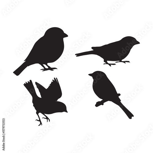 sparrow vector illustration style flat black silhouette, silhouette of sparrow or titmouse in different poses, black and white, sparrow icon or logo illustration