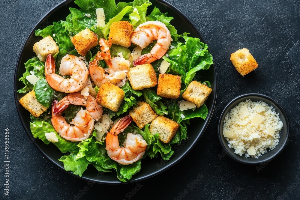 Shrimp Caesar Salad with croutons lettuce and parmesan Dark backdrop overhead view