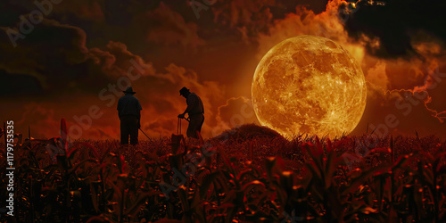 Two Farmers Working in a Field at Sunset with Large Orange Moon photo