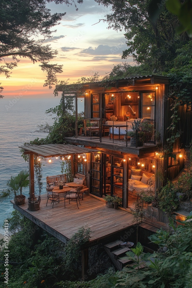 Obraz premium Sunset ocean view cliffside cabin with deck.