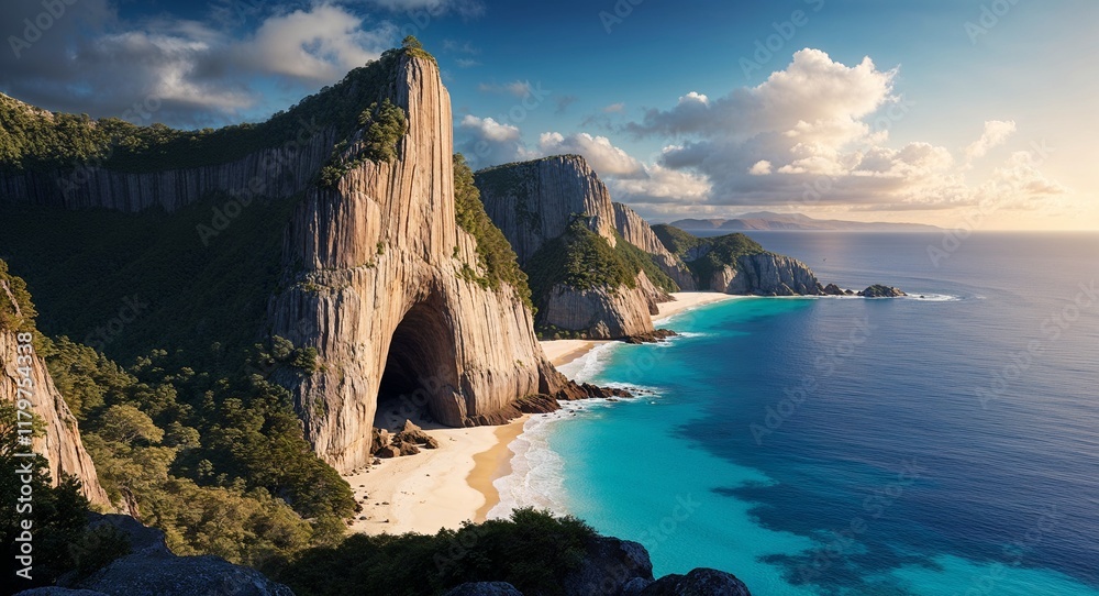 Fototapeta premium A dramatic rock cliff overlooking a pristine ocean bay