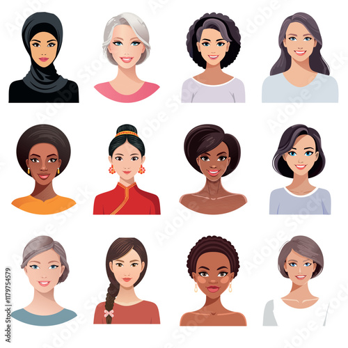 illustrated collection of women’s head and shoulders showcases diverse races and ethnicities, celebrating beauty and individuality. Each portrait features unique facial features, hairstyles, cultures