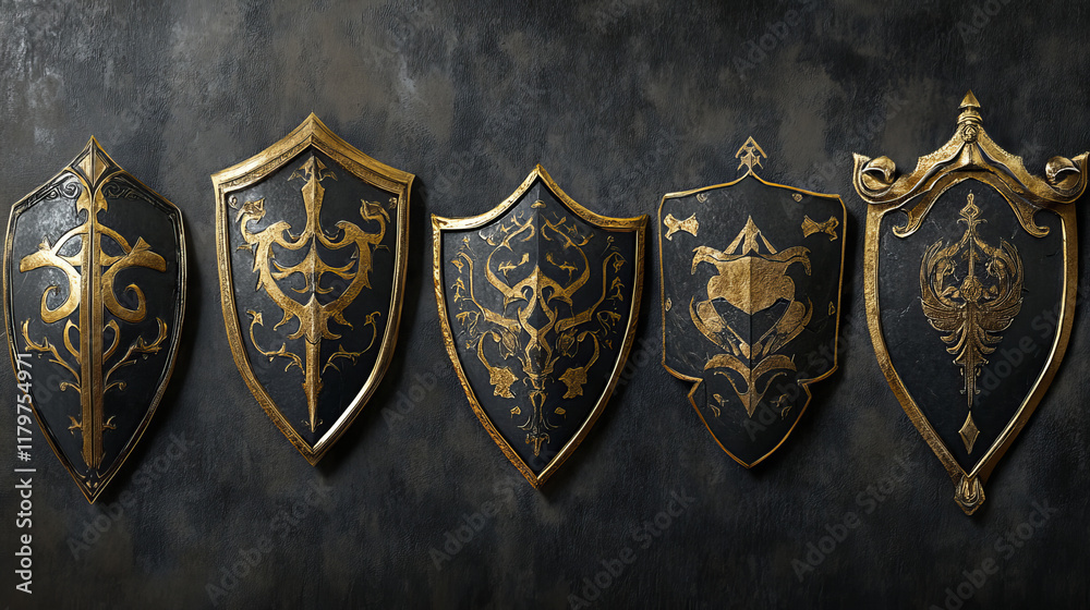 Fototapeta premium Gold and black shield icon collection. Heraldic shields, medieval royal vintage badges