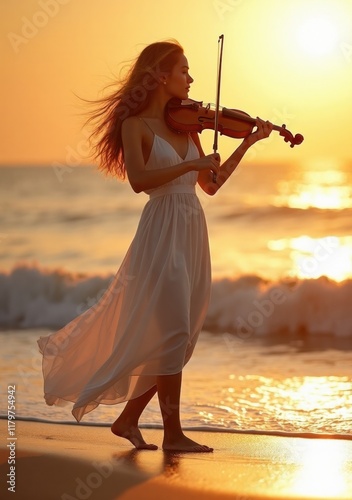 Woman playing violin on the beach at sunset with waves in the background
