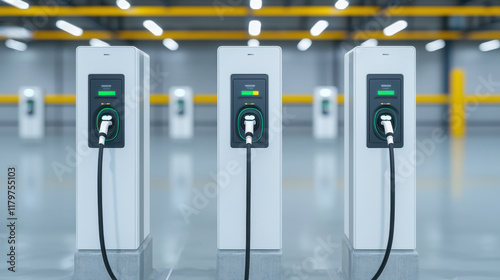 Modern electric vehicle charging stations in spacious commercial area, showcasing multiple chargers ready for use. bright lighting enhances clean, efficient design of space