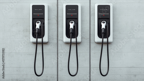 Electric vehicle charging stations mounted on concrete wall, showcasing modern design and functionality. Ideal for commercial use and promoting sustainable energy solutions