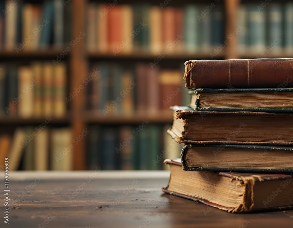 A stack of old books on table against background of bookshelf in library. Ancient books as a symbol of knowledge, history, memory. Conceptual background on education, literature topics. A stack of old books on table against background of bookshelf in library. Ancient books as a symbol of knowledge, history, memory. Conceptual background on education, literature topics.