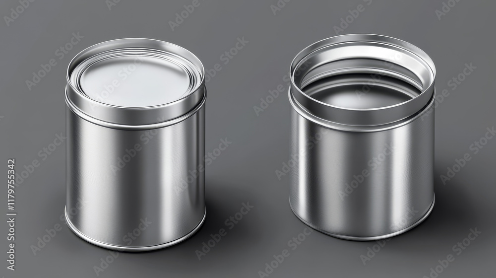 Tin can with open key front, top and bottom view set. Cylinder metal jar with lid, silver colored aluminium canister for cold drinks isolated on grey background, Realistic 3d vector icons, clip art Tin can with open key front, top and bottom view set. Cylinder metal jar with lid, silver colored aluminium canister for cold drinks isolated on grey background, Realistic 3d vector icons, clip art