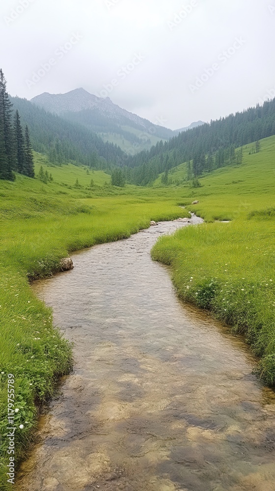 Fototapeta premium Mountain River Flowing Through Lush Green Valley with Pine Trees Under Misty Sky in Raw Perspective, Idyllic Nature Scene**