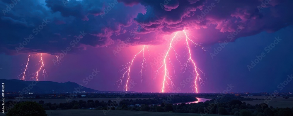 Obraz premium Jagged lightning strikes, painting dusk sky with light, sky, flash