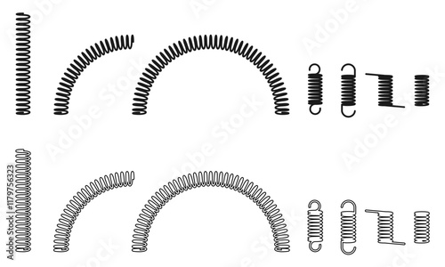 metal spring icon set, black wire coil, vector illustration isolated on white background.