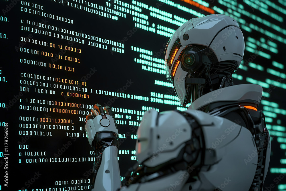 Fototapeta premium Android Robot Examining Binary Code Wall Futuristic Artificial Intelligence Data Analysis Technology