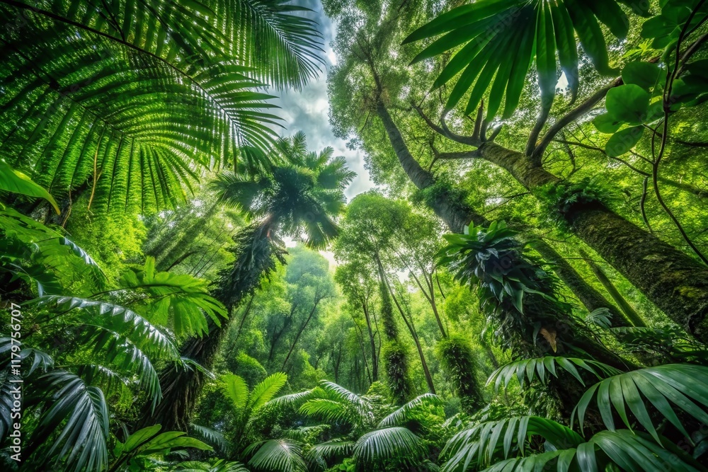 Fototapeta premium Lush Green Canopy, Vibrant Foliage, Rainforest Greenery, Tropical Plants, Nature Photography