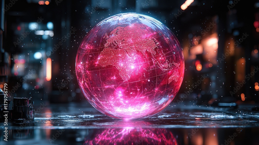 Global Network Futuristic sphere displaying world map, glowing in a high-tech environment, used for technology presentations. Global Network Futuristic sphere displaying world map, glowing in a high-tech environment, used for technology presentations.