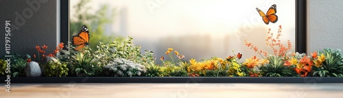 Vibrant flowers and butterflies captured through a window view.