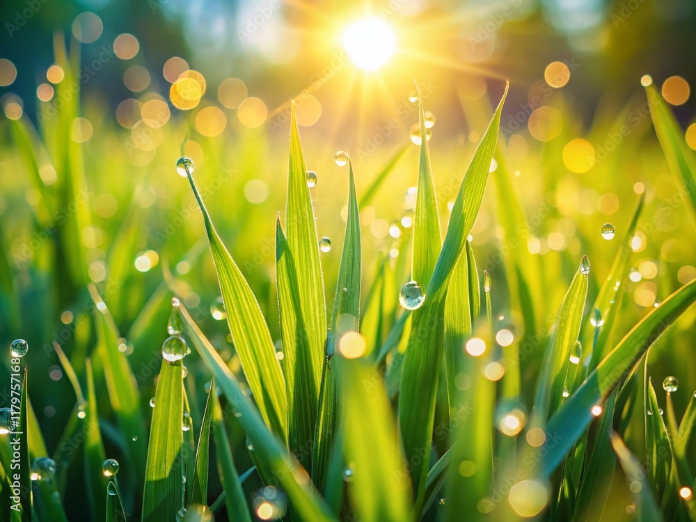 Fototapeta premium Lush Green Field Macro Photography: Soft Sunlight on Blades of Grass