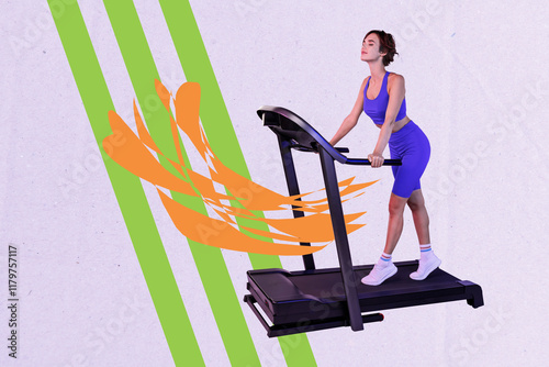 Creative composite sketch design artwork collage of young woman walk treadmill gym exercise sportswear healthy lifestyle figure fit relax photo