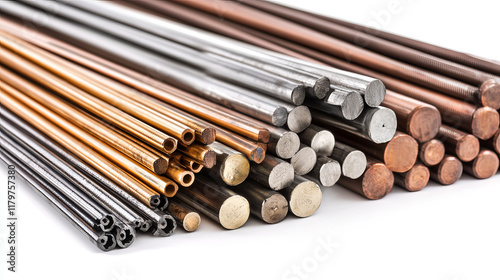 Metal rods, steel and copper bars set isolated on white background. Reinforced iron rebars for building construction engineering works, metallic rigid fittings, armature realistic 3d vector mock up photo