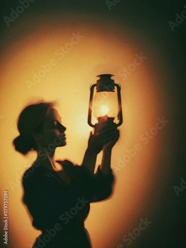 Grainy and retro style of A silhouette of a woman holding a lantern in her hand.