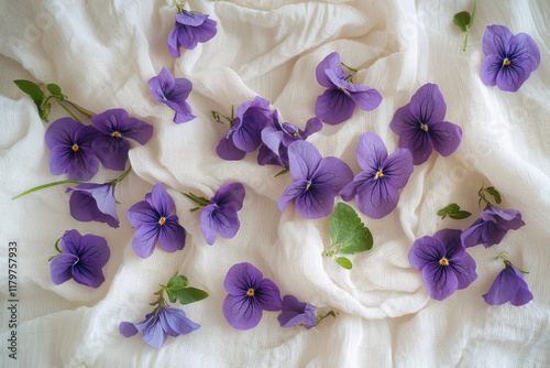 Purple violets lying on white muslin cloth