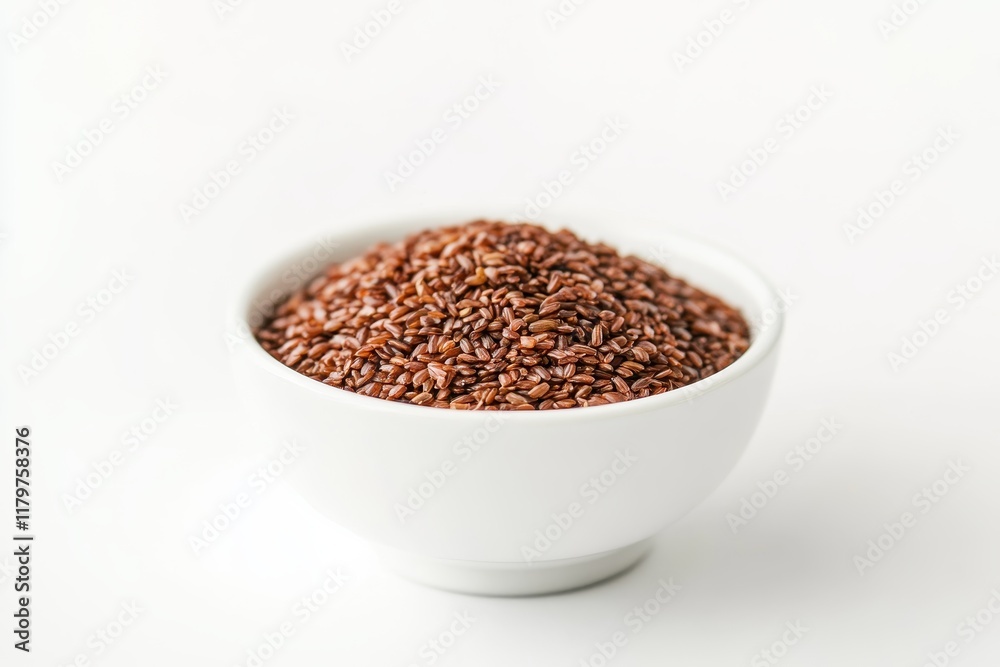 Steamed red rice in a white dish against a white backdrop Steamed red rice in a white dish against a white backdrop