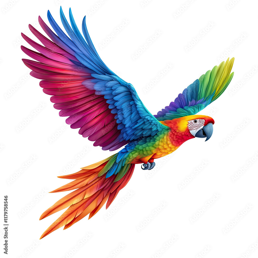 Fototapeta premium Colorful Tropical Parrot in Flight with Vibrant Feathers and Detailed Plumage Displaying Natural Beauty
