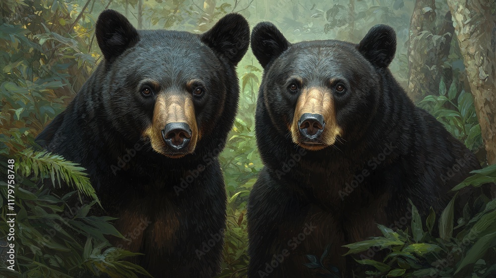 conservation and wildlife concept. Two black bears stand side by side in a lush forest, surrounded by vibrant greenery. conservation and wildlife concept. Two black bears stand side by side in a lush forest, surrounded by vibrant greenery.