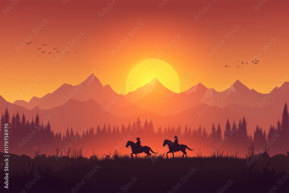 Naklejka premium Sunset silhouette of a cowboy riding a horse with mountains and sky in the background