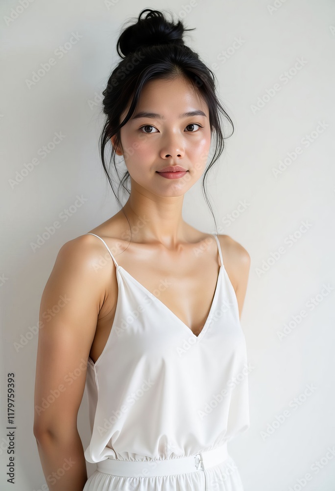 Person wearing white dress with spaghetti straps against white wall Person wearing white dress with spaghetti straps against white wall