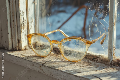 Old broken eyeglasses resting on windowsill of abandoned house photo