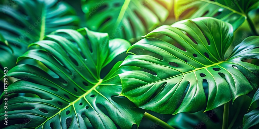 Obraz premium Lush Green Monstera Leaves Close-Up: Vibrant Tropical Foliage Background