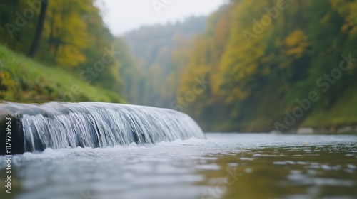 Small Waterfall Amidst Autumn Forest with Soft Focus, Serene Landscape Reflection, Calm Nature Scene on Cloudy Day, Gentle Stream Flow, Vibrant Foliage, Tranquil Atmosphere, Peaceful Wilderness