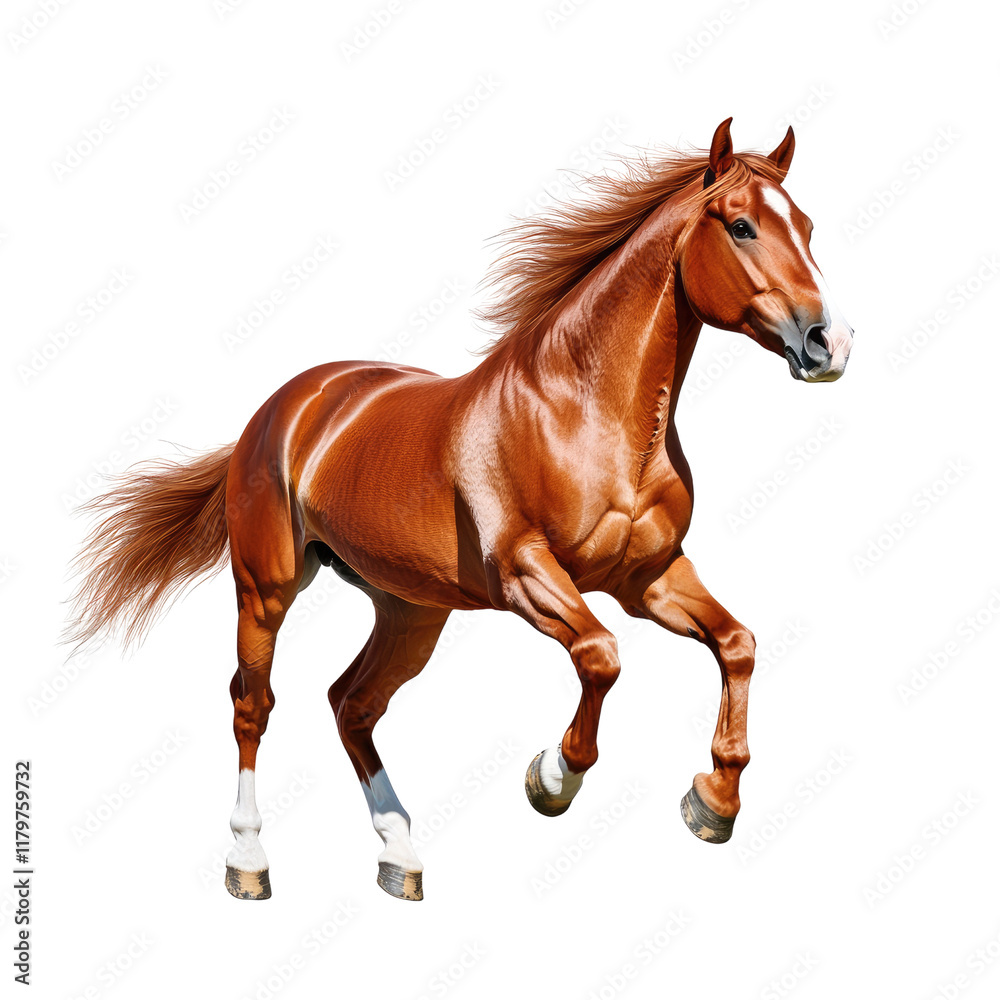 Obraz premium Majestic Chestnut Horse galloping gracefully in a vibrant green meadow under a clear blue sky with flowing mane and tail