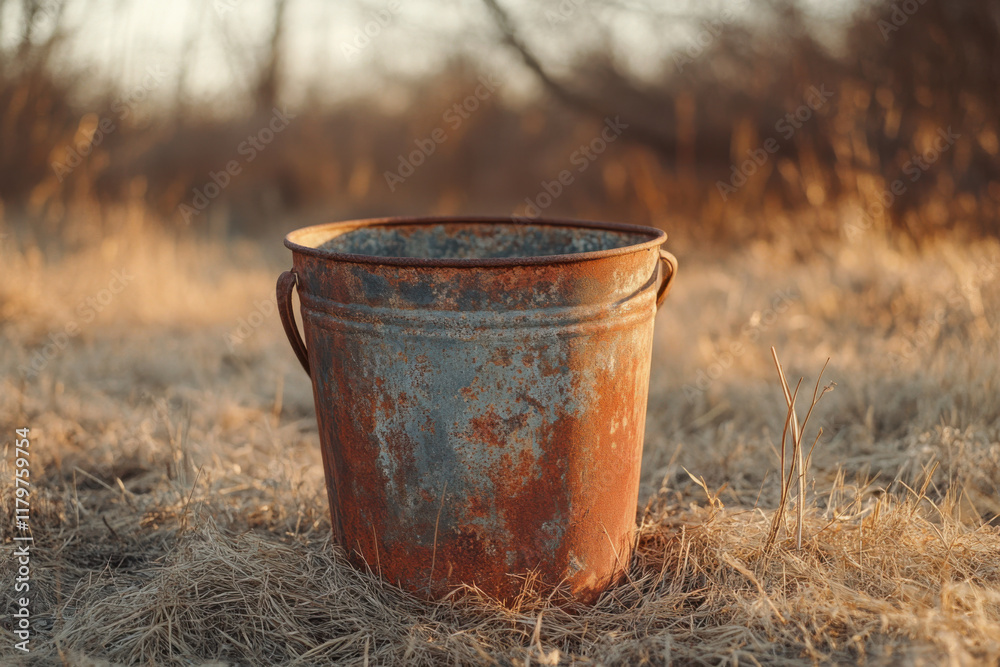 Rusty metal bucket sitting in dry grass field at sunset Rusty metal bucket sitting in dry grass field at sunset