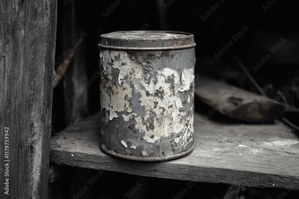 Old rusty metal paint can sitting on wooden shelf in abandoned house Old rusty metal paint can sitting on wooden shelf in abandoned house