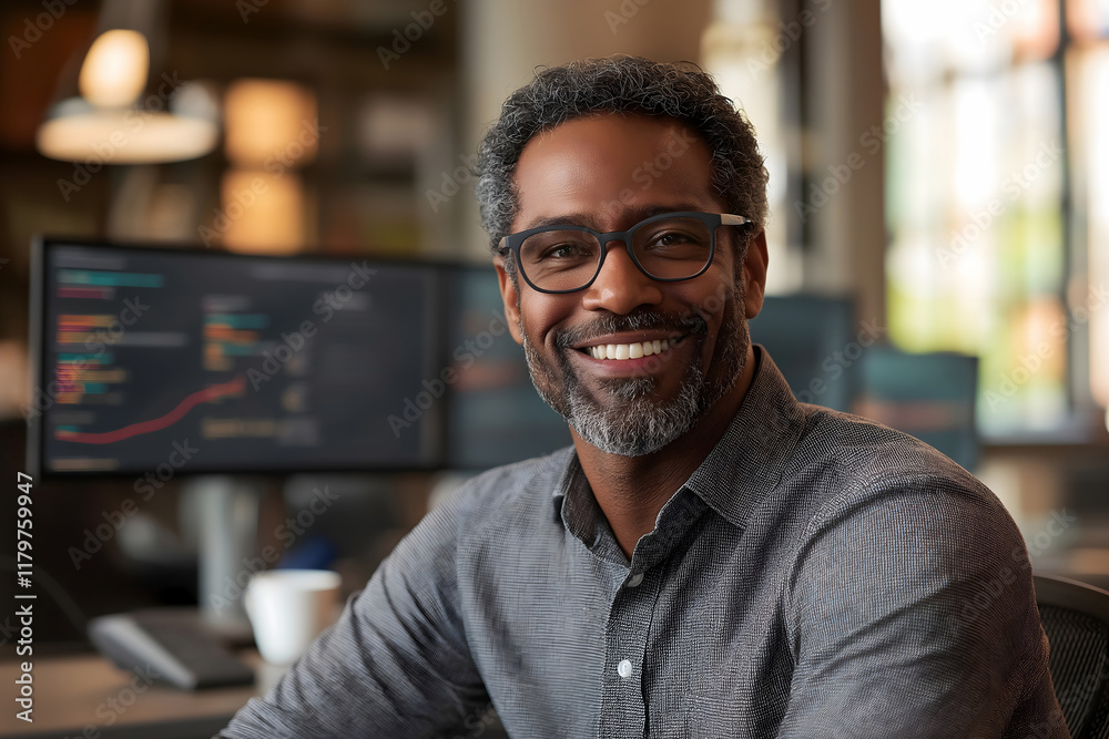 A tech professional with a friendly smile, dressed casually in a button-up shirt and glasses, seated in a sleek modern office with multiple monitors in the background. A tech professional with a friendly smile, dressed casually in a button-up shirt and glasses, seated in a sleek modern office with multiple monitors in the background.