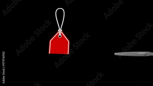 animated red price tag cut in half with scissor, discount and price cut concept. animation footage video on alpha channel(transparent) background.