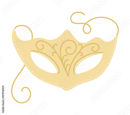 Elegant golden masquerade mask with intricate swirling patterns, delicate dotted details, and flowing ribbon accents. Vector hand drawn drawing isolated on white background