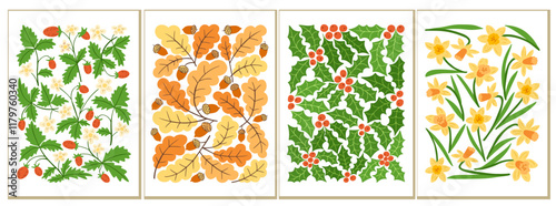 Set of four seasonal botanical illustrations with strawberries, oak leaves with acorns, holly with berries, and yellow daffodils. Vintage vector botanical collection on white background