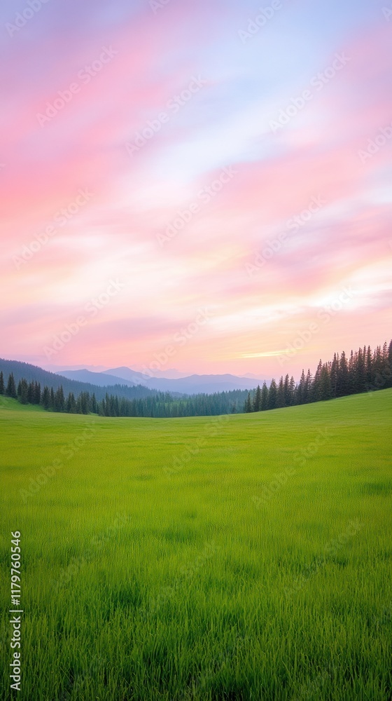 Fototapeta premium Vibrant Sunset Over Lush Meadow with Rolling Hills and Forest Silhouette in Artistic AR 916 Style for Nature Landscapes and Serene Outdoor Wall Art Photography